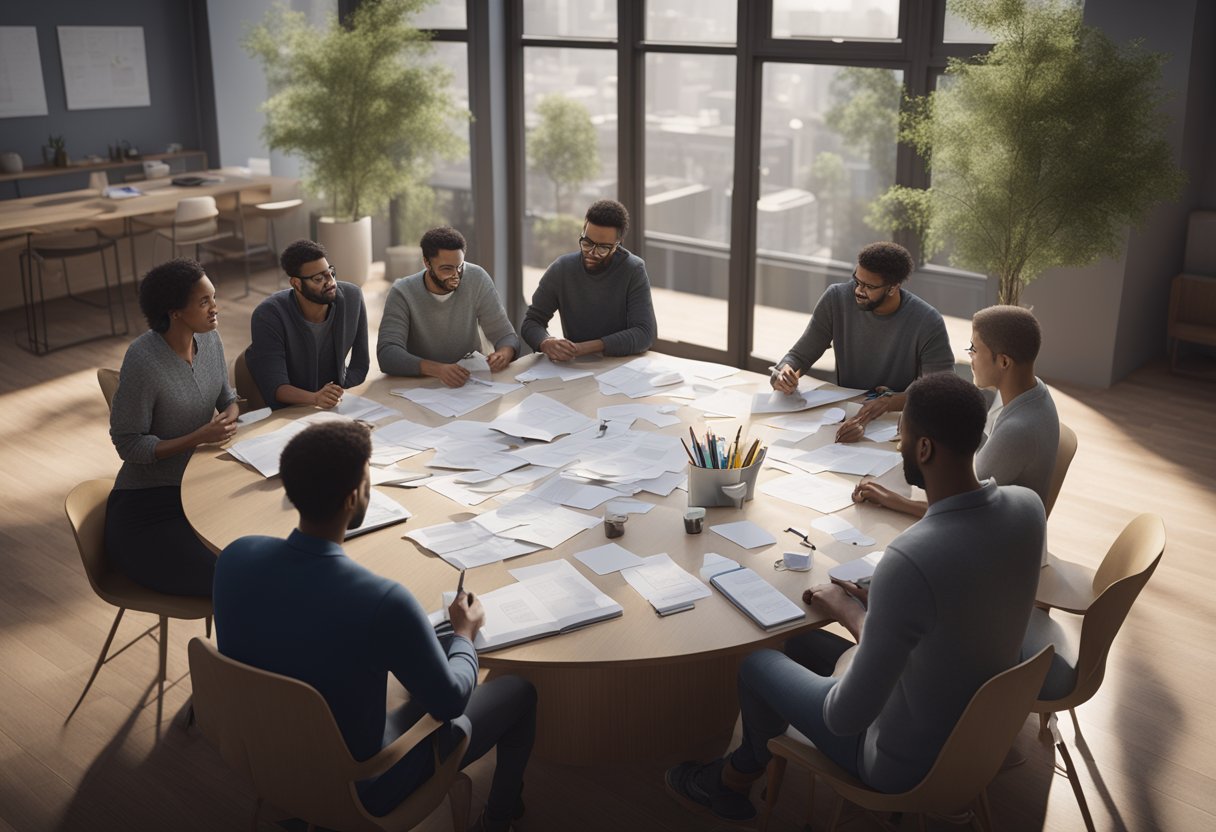 Several individuals gathered around a table, discussing and planning together. Papers and pens scattered across the surface, indicating collaboration